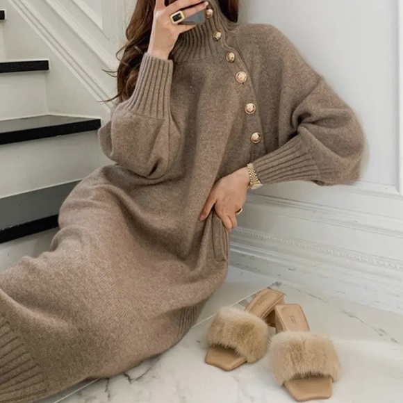 Black Solid Color Long Over-The-Knee Sweater Dress - Picture 4 of 5